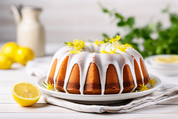 Round lemon pound cake baked in bundt cake mold with white glazing on white table