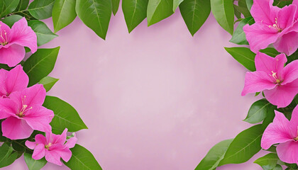 Pink bougainvillea flowers horizontal border with leaves and plants isolated on transparent background - obrazy, fototapety, plakaty