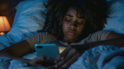 Black teenager girl addicted to a phone lying in bed, insomnia, sad, bored in bed scrolling through social media networks at night. Generative AI.