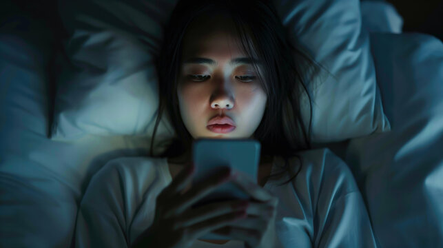 Asian teenager girl addicted to a phone lying in bed, insomnia, sad, bored in bed scrolling through social media networks at night. Generative AI.
