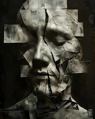 A monochrome painting of a mans face made up of paper pieces, showcasing a unique art style with a focus on jawline and visual details