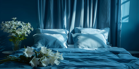 "Romantic bedroom with night bed, pastel blue colours, blue night, beautiful flower on bed