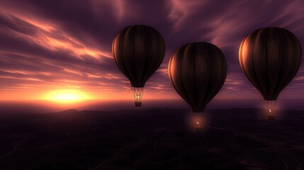 three hot air balloons flying in the sky with a sunset in the back ground and a few clouds in the sky.