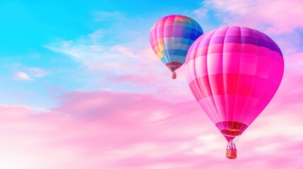 Fototapeta premium a couple of hot air balloons flying through a blue, pink, and white sky with clouds in the background.