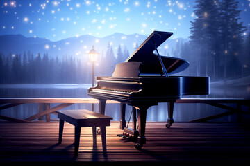 The grand piano on the wood pier in winter season with lake and snow mountains background at night time, the concept: a song about winter, music in winter - 749853746