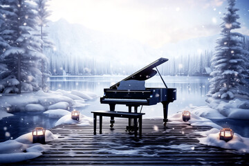 The grand piano on the wood pier in winter season with lake and snow mountains sunrise background in the morning, the concept: a song about winter, music in winter - 749853762