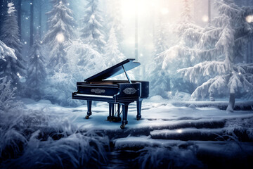 The grand piano on the snow in winter season with snow forest background, the concept: a song about winter, music in winter - 749853772
