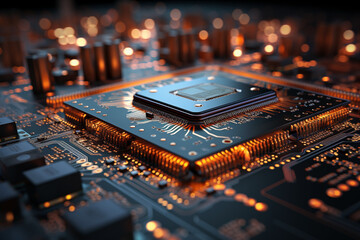 Fototapeta na wymiar Microprocessor, microchip on an electrical board, close-up, macro photography