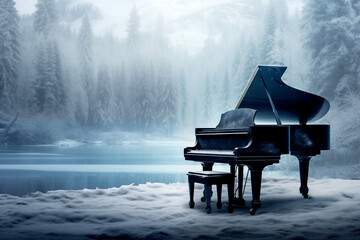 The grand piano on the snow in winter season with snow forest background, the concept: a song about winter, music in winter - 749853782
