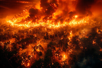 Fototapeta na wymiar Raging wildfire consuming the dense tropical of a forest, with towering flames illuminating the night sky and billowing smoke darkening the horizon