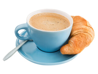 1 cup of coffee with french croissant isolated on white background