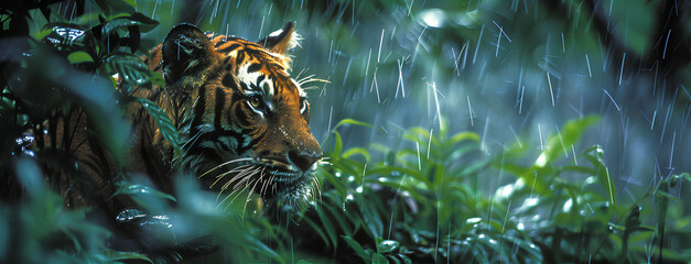 Photo of a tiger in the jungle under rain, panoramic landscape, - Powered by Adobe