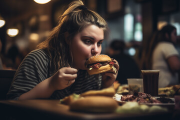 Fat girl eating hamburger in fast food restaurant. A girl with an obese body sits at table with bunch of hamburgers and fast food. Overweight girl eating burger. Obesity, weight problems and diabetes - obrazy, fototapety, plakaty