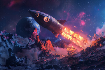 Space Launch Fantasy: Rocket soaring through the universe beside a spaceship, illuminating the night sky with stars and distant planets