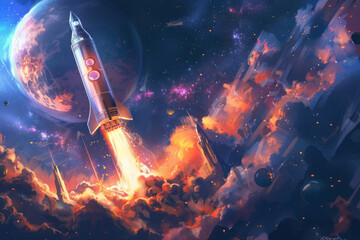 Space Odyssey: Fiery Spaceship Soars Through Celestial Night