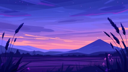 a painting of a purple sky with a mountain in the distance and grass in the foreground, and a purple sky with a mountain in the background.