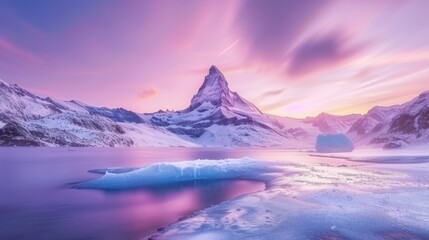 a large iceberg floating in the middle of a lake surrounded by snow covered mountains under a purple and pink sky.