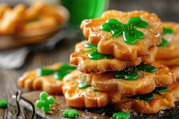 St. Patrick Day gingerbread sugar cookies decorated with trefoil, green glazed clover