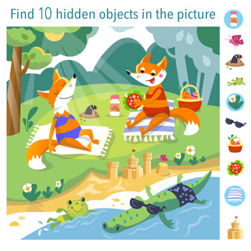 Find 10 hidden objects in picture. Educational game for kids. Cartoon foxes in swimming costume on beach in summer. Cute characters in flat style. Vector illustration. Scene for design.