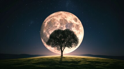 a full moon with a tree in the foreground and a night sky with stars on the far side of the moon.