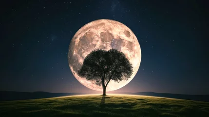 Photo sur Plexiglas Pleine Lune arbre a full moon with a tree in the foreground and a night sky with stars on the far side of the moon.