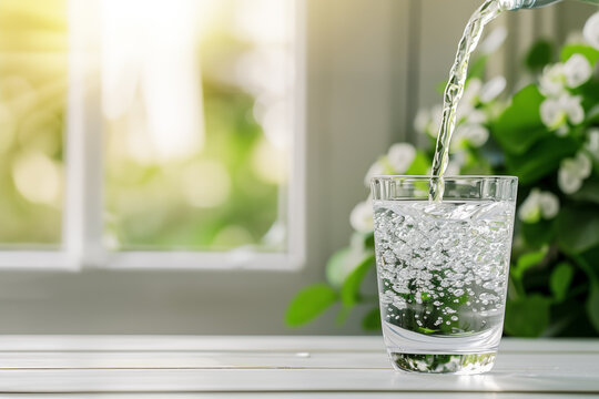 Pouring fresh clean water into a glass on a sunny windowsill with greenery background