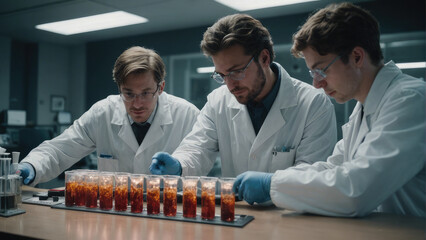 Three scientists in lab coats are working on a project. They are wearing gloves and goggles. Scene is serious and focused