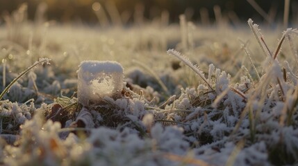 Obraz premium a close up of a frost covered field with grass and flowers in the foreground and the sun in the background.