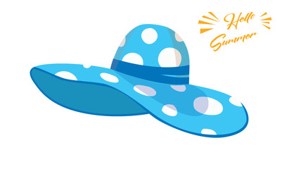 Summer hat vector illustration. Large brim floppy sun hat clipart. Summer vacation items. Women accessory. Beach vacation. Wide headgear hat. Flat vector in cartoon style isolated on white background.