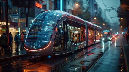 A vibrant cityscape at dusk featuring a sleek, modern tram, highlighting the urban connectivity enhanced by 5G technology.