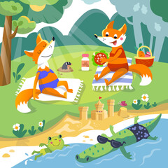 Cartoon foxes in swimming costume on beach in summer. Cute characters in flat style. Vector flat illustration on background. Scene for design.