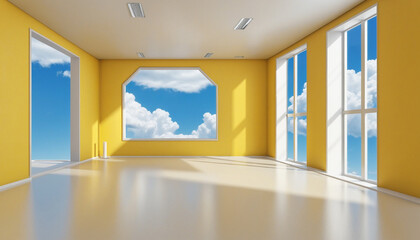 3d render, abstract background with corridor. Clouds flying inside the yellow room with blue window. Architectural showcase scene with empty pedestal for product presentation