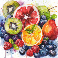 Bright and fresh watercolor pattern featuring citrus slices, kiwi, and berries, perfect for summery designs.