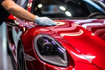 Professional unrecognizable Caucasian specialist male man guy worker master wrapping installing protective film vinyl foil new red sport car automobile transport paint protection indoors salon service