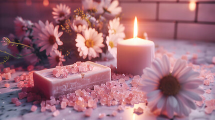 Obraz na płótnie Canvas Valentines Day Love Celebration, Pink Flower and Romantic Candle on White Background