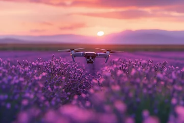 Schilderijen op glas A small plane flies over a vast field covered in purple flowers. The scene captures the contrast between the colorful blooms and the aircraft as it navigates through the clear sky. © Andrea Berini