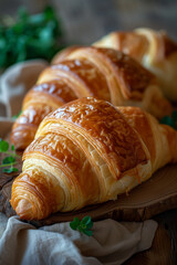 Close up of delicious croissants on a dark background. Homemade croissants. Vertical.