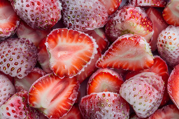 Frozen strawberries cut in half. Frozen food, frozen fruit. Berry texture