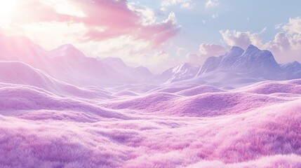 Unrealistic rendered landscape featuring pink hues and fuzzy hills.
