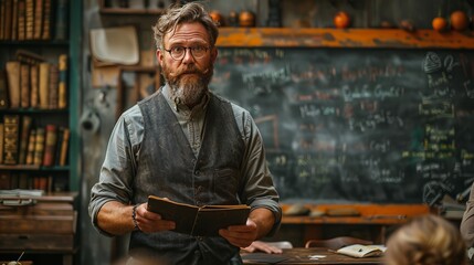 A bearded man is standing in a classroom holding a book - obrazy, fototapety, plakaty