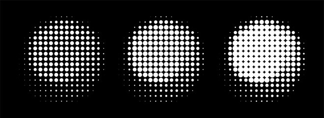 Set of white halftone dots curved gradient pattern textures isolated on white background. Curve dotted spots using halftone circle dot raster texture collection. Vector blot half tone collection.