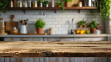 Defocused kitchen background with a wooden tabletop.