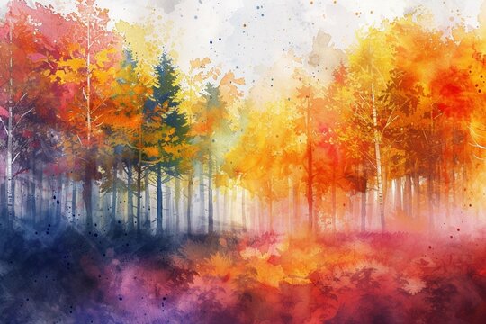 a watercolor painting of an autumn forest with color, abstract rainbow background