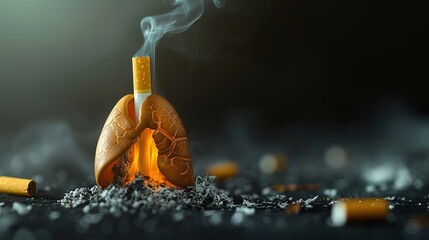 Print of a cigarette burning in the lungs on a dark background.