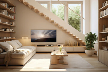 Scandinavian-style interior boasting a tranquil TV room, beige staircase, and natural light.