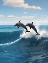 Fototapeta na wymiar Playful dolphins jumping over breaking waves. Hawaii Pacific Ocean wildlife scenery. Marine animals in natural habitat. Generative AI