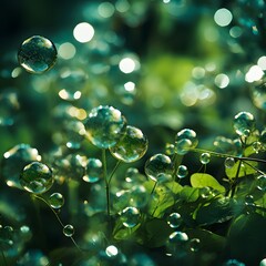 featuring an array of shiny bubbles in shades of green and gold