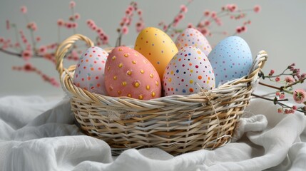 Naklejka na ściany i meble A white background with a basket of easter eggs