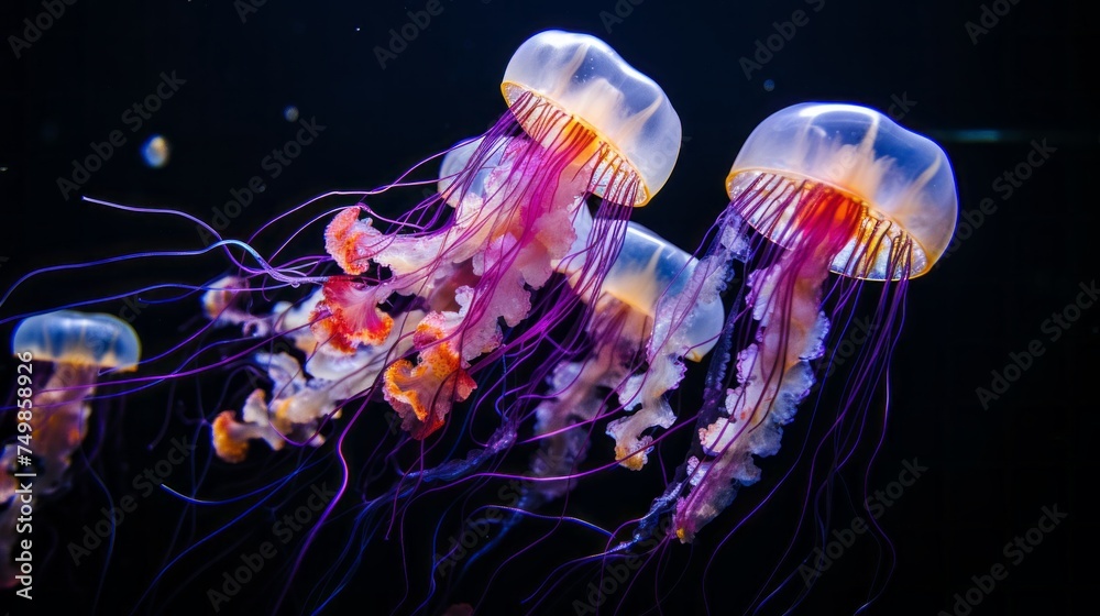 Wall mural Colorful bright jellyfish swim underwater in an aquarium on a black background. - Wall murals