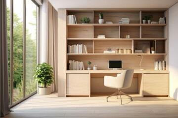 Fototapeta na wymiar Home office with a sleek, beige desk and a comfortable chair. Natural light illuminates a minimalist bookshelf and a potted plant.